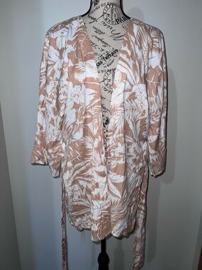 Billabong Tropical Floral Kimono Wrap Cover Up Tan White M/L Boho Beachy